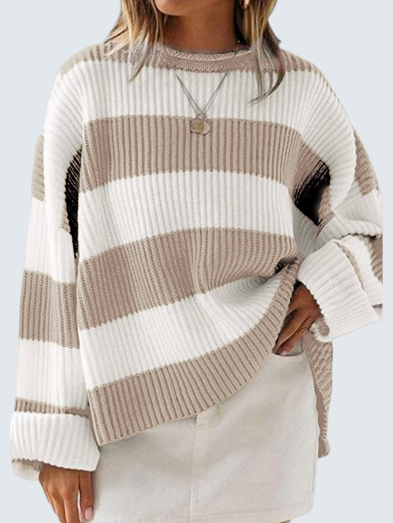 Damenpullover mit Streifen und gehäkelten Blumen – Lockere Passform, S–XL