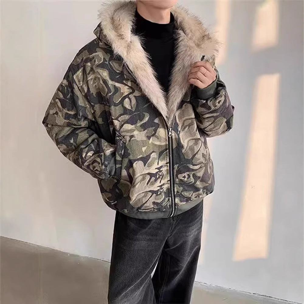 Herren Fellkragen-Parka – Camouflage & dick gefüttert