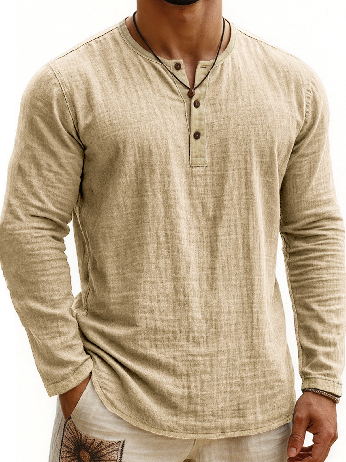 Zweifarbiges Henley-Shirt mit Digitaldruck, 3 Knöpfe, Herren, Freizeit, Langarm