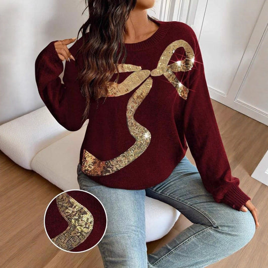 Eleganter Paillettenpullover in Übergröße mit Rundhalsausschnitt, Schleife und Paillettenstickerei
