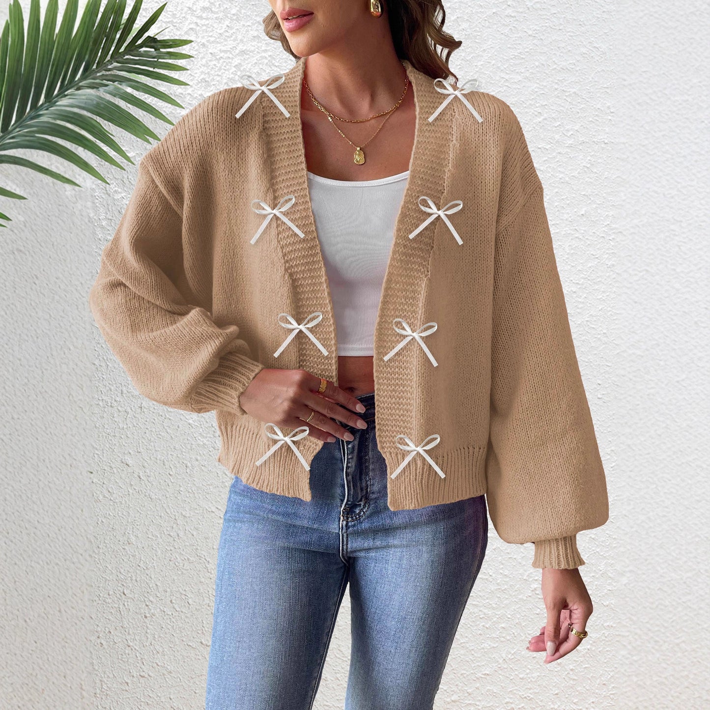 Women's Solid Color Ribbon Bowknot Stitching Sweater Cardigan