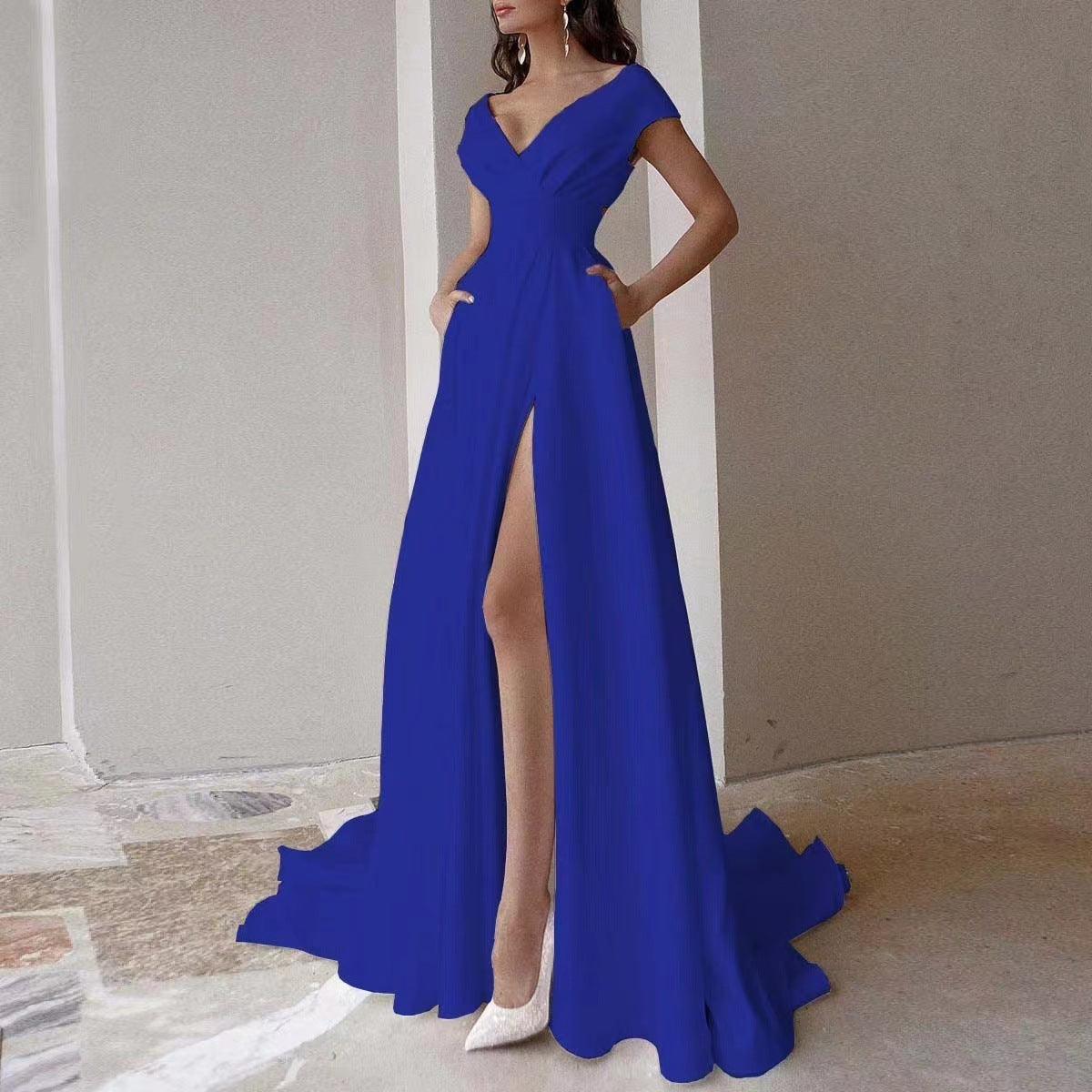 Ladies Mid Waist Solid Color Elegant Dress