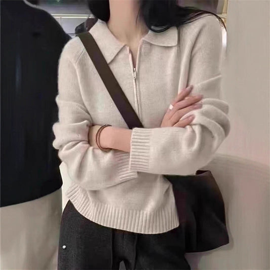 Damen-Pullover mit halbem Reißverschluss und Reverskragen, einfarbig, locker geschnitten