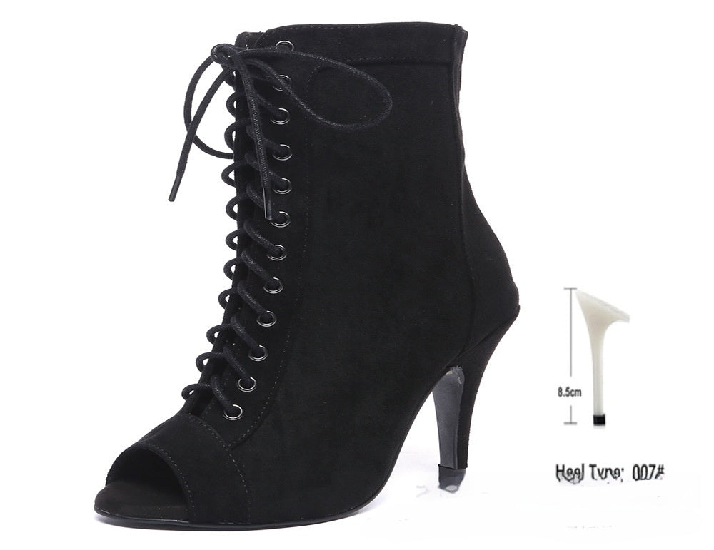 Schwarze Gaobang Peep-Toe-High-Heels aus Denim für Damen