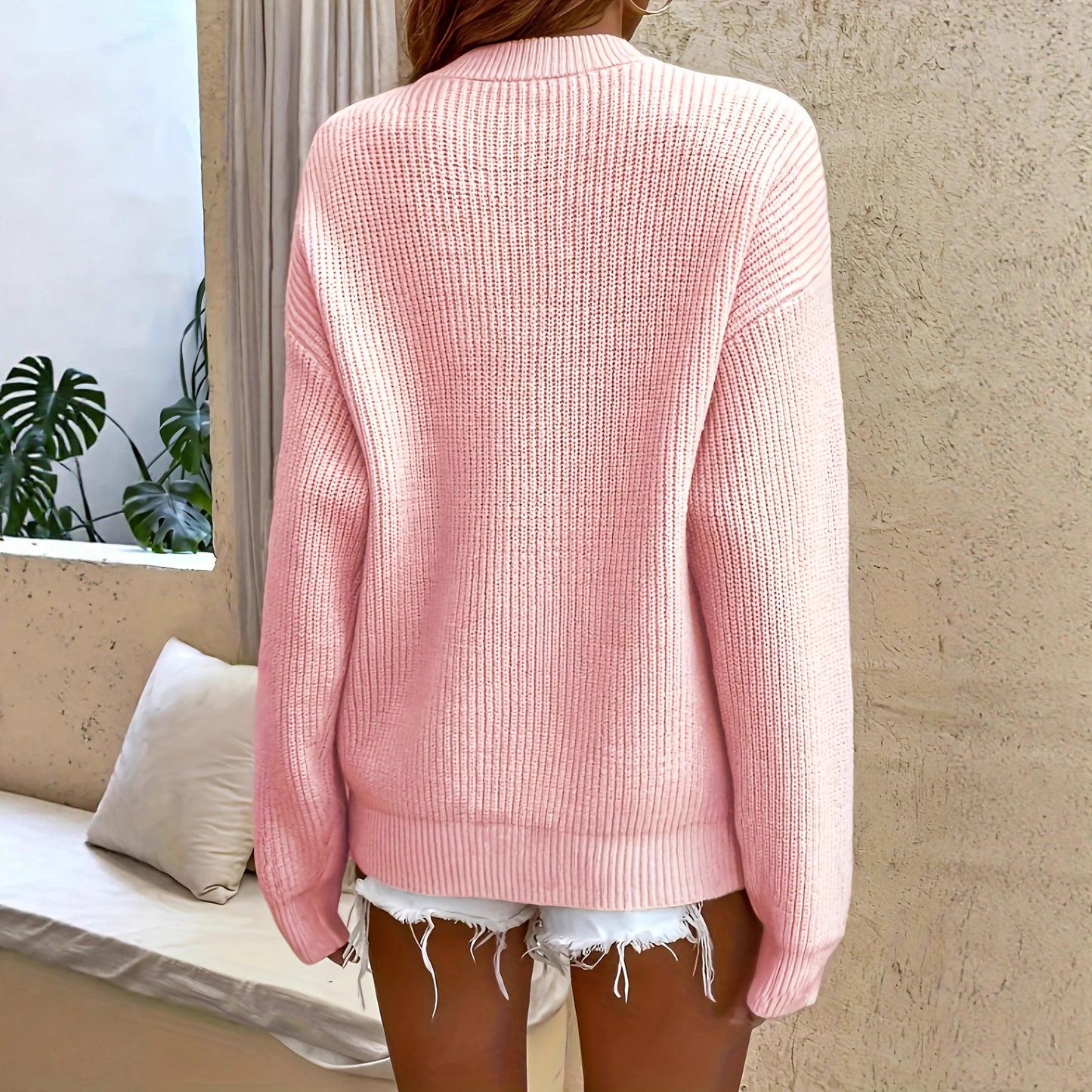 Bequemer rosa Damenpullover mit Schnallenverschluss, lässig