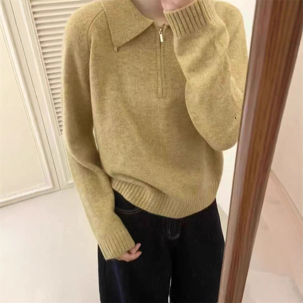 Damen-Pullover mit halbem Reißverschluss und Reverskragen, einfarbig, locker geschnitten