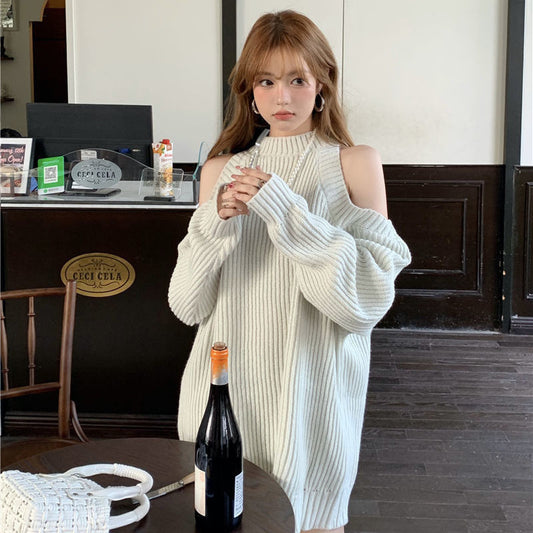 Strickwaren Damen Koreanischer Stil Pendler Dick Nadelgerippter Midi-Pullover