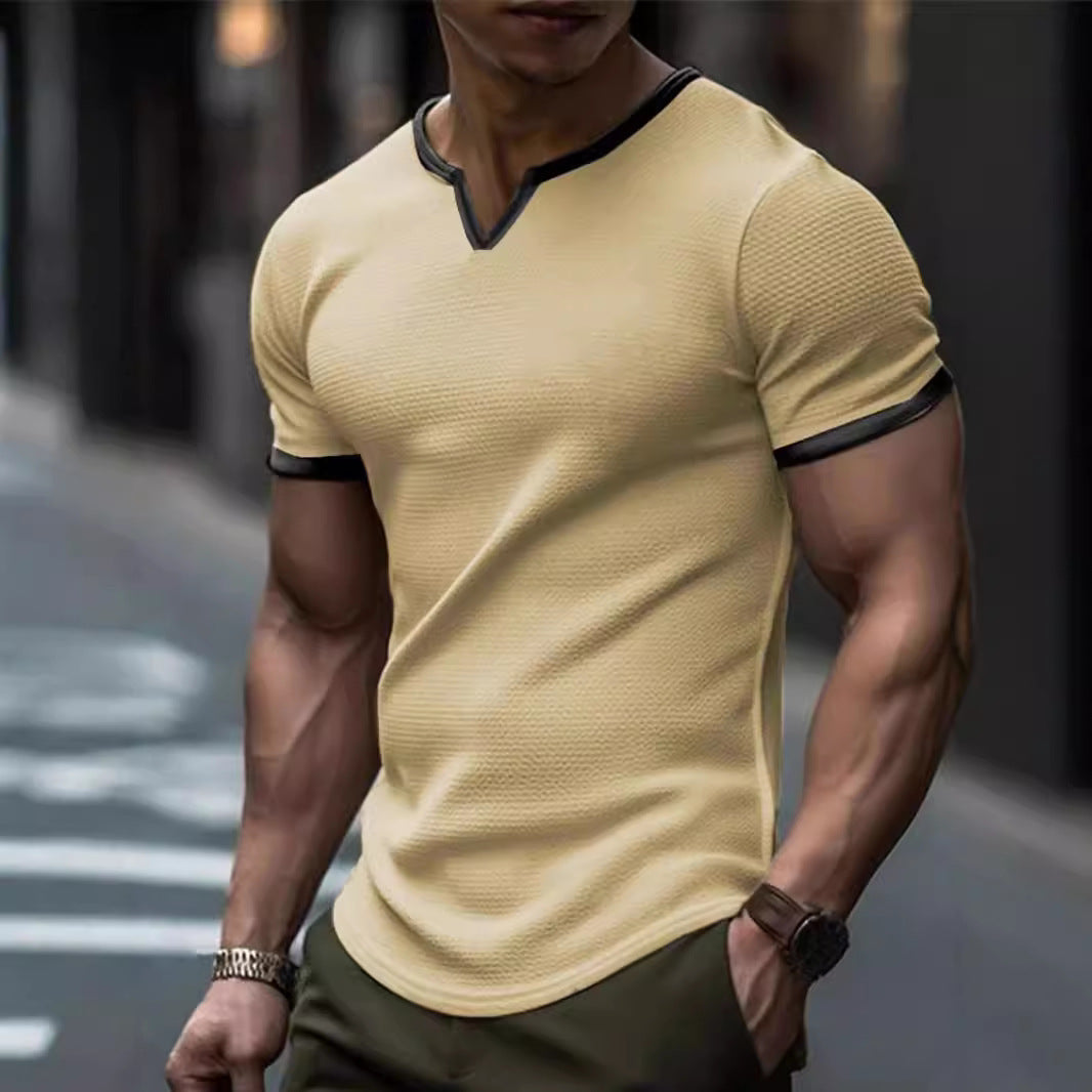 Farbblock-T-Shirt mit V-Ausschnitt für Outdoor-Sportarten und Waffelstruktur