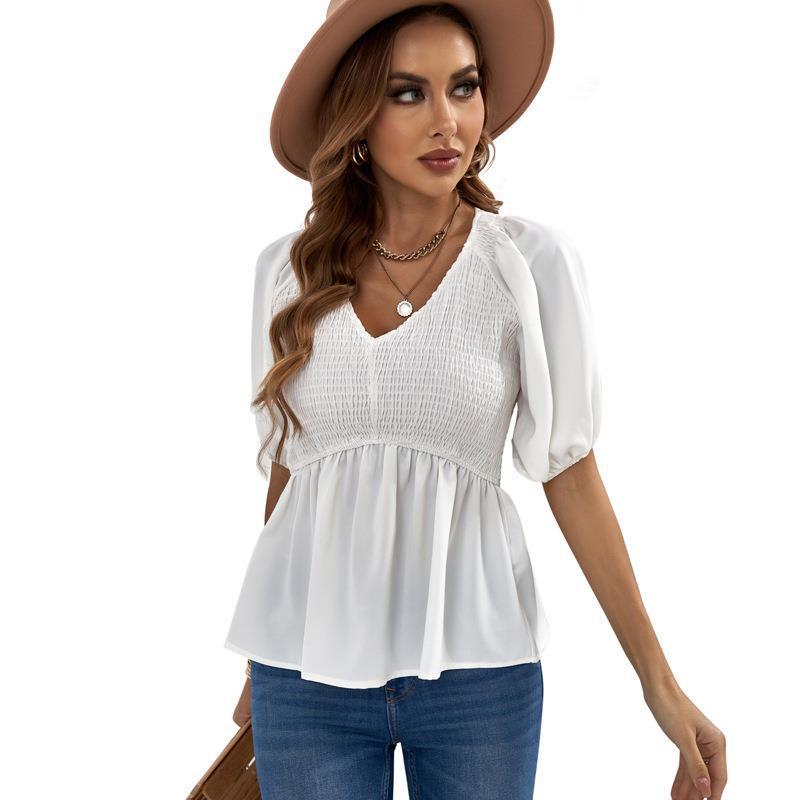 Stylische V-Neck Chiffonbluse mit Puffarm und schmaler Taille