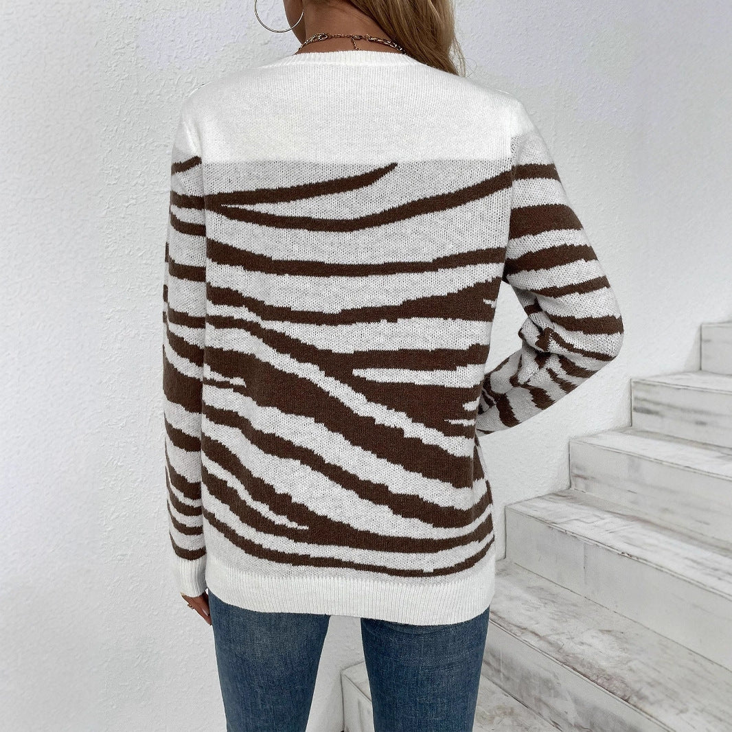 Damenpullover mit Zebra-Streifen – Lockerer Acryl-Strick, S–XL