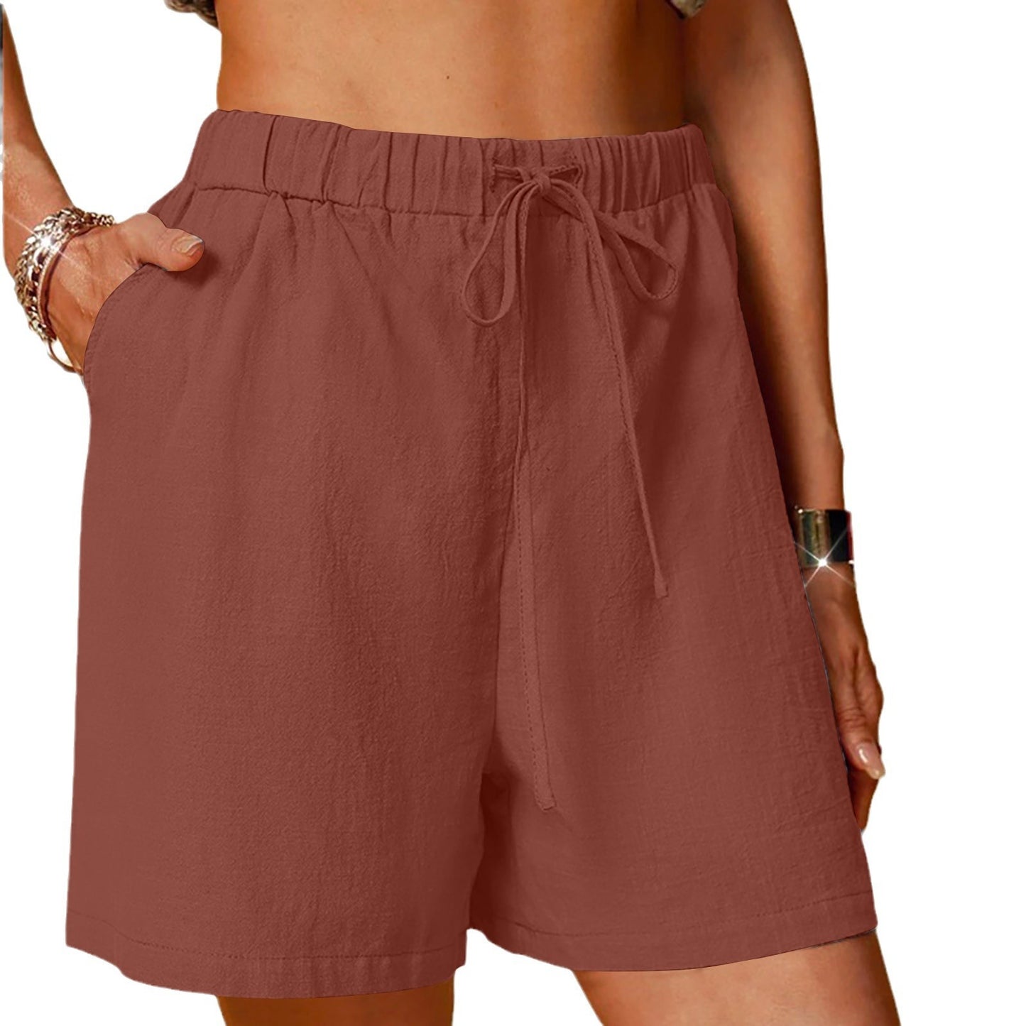 Damen-Shorts aus Baumwoll-Leinen-Mischgewebe, einfarbig, bequem, weites Bein