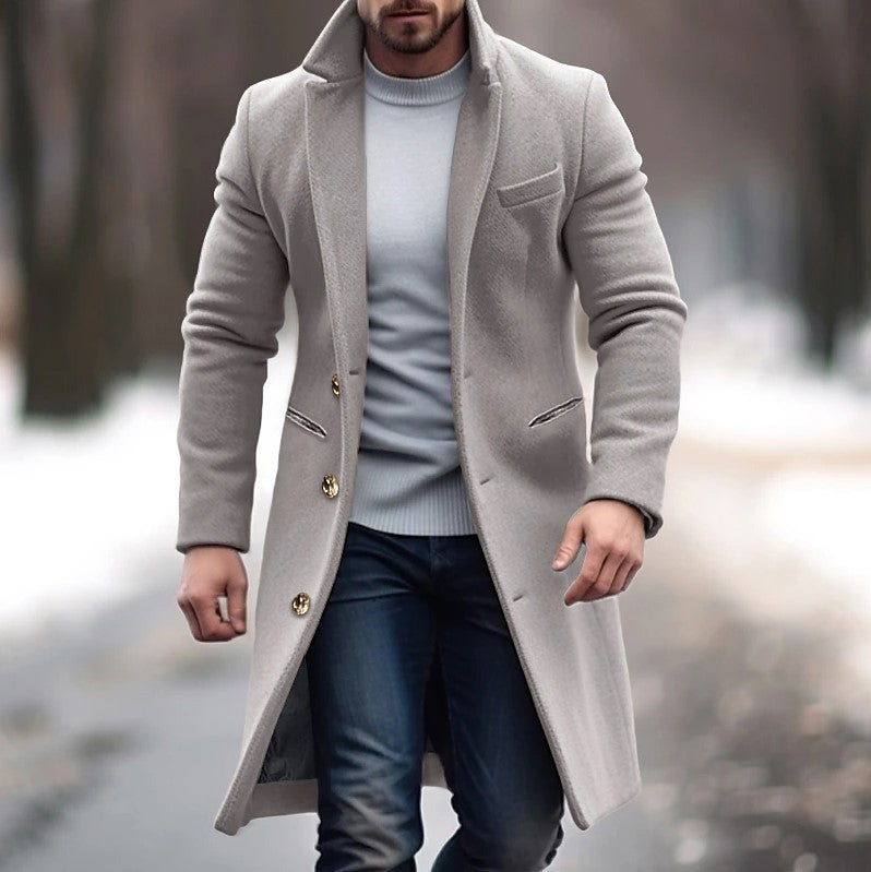Winterlicher Trenchcoat mit Reverskragen, modischer Tasche, einreihiger Mantel, lässige Herrenbekleidung in Unifarben