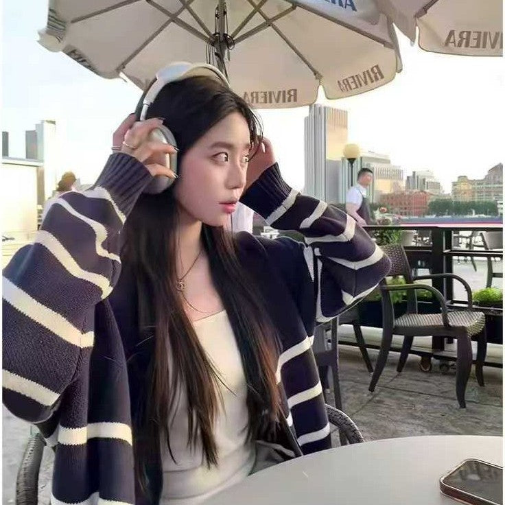 Gestreifter Strickcardigan für Damen, locker geschnitten