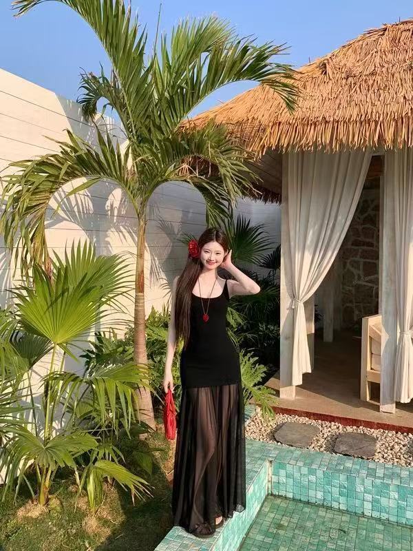 Schwarzes langes Kleid im chinesischen Retro-Stil aus TR-Gewebe, S–XL