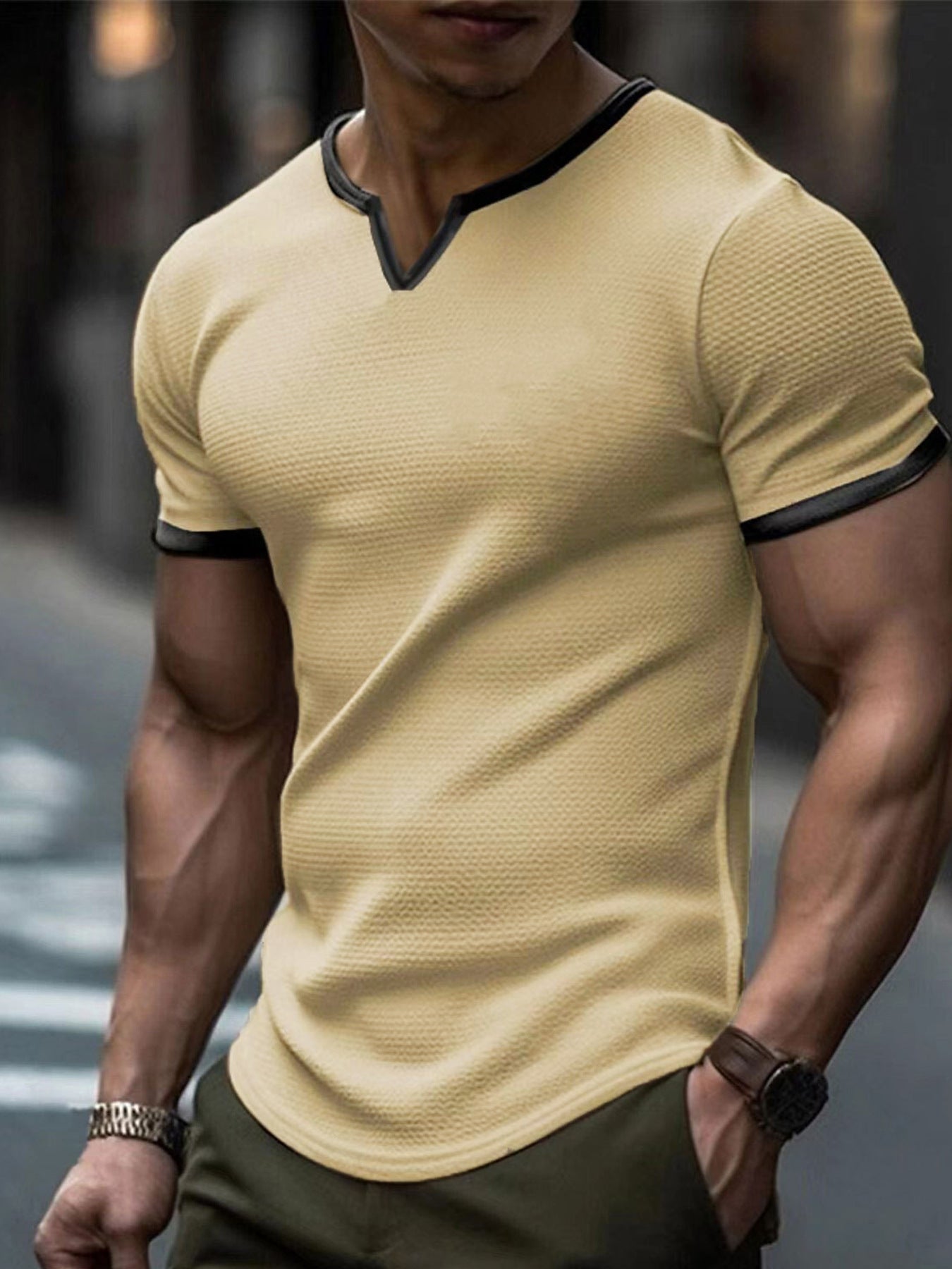 Farbblock-T-Shirt mit V-Ausschnitt für Outdoor-Sportarten und Waffelstruktur