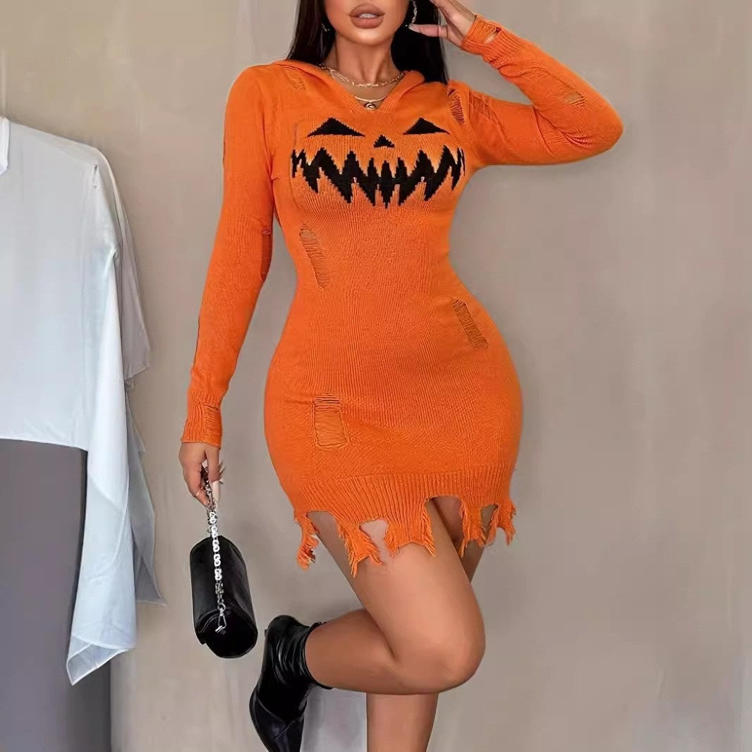 Einfarbiges Damen Halloween Kleid – Kapuze & Eng anliegend