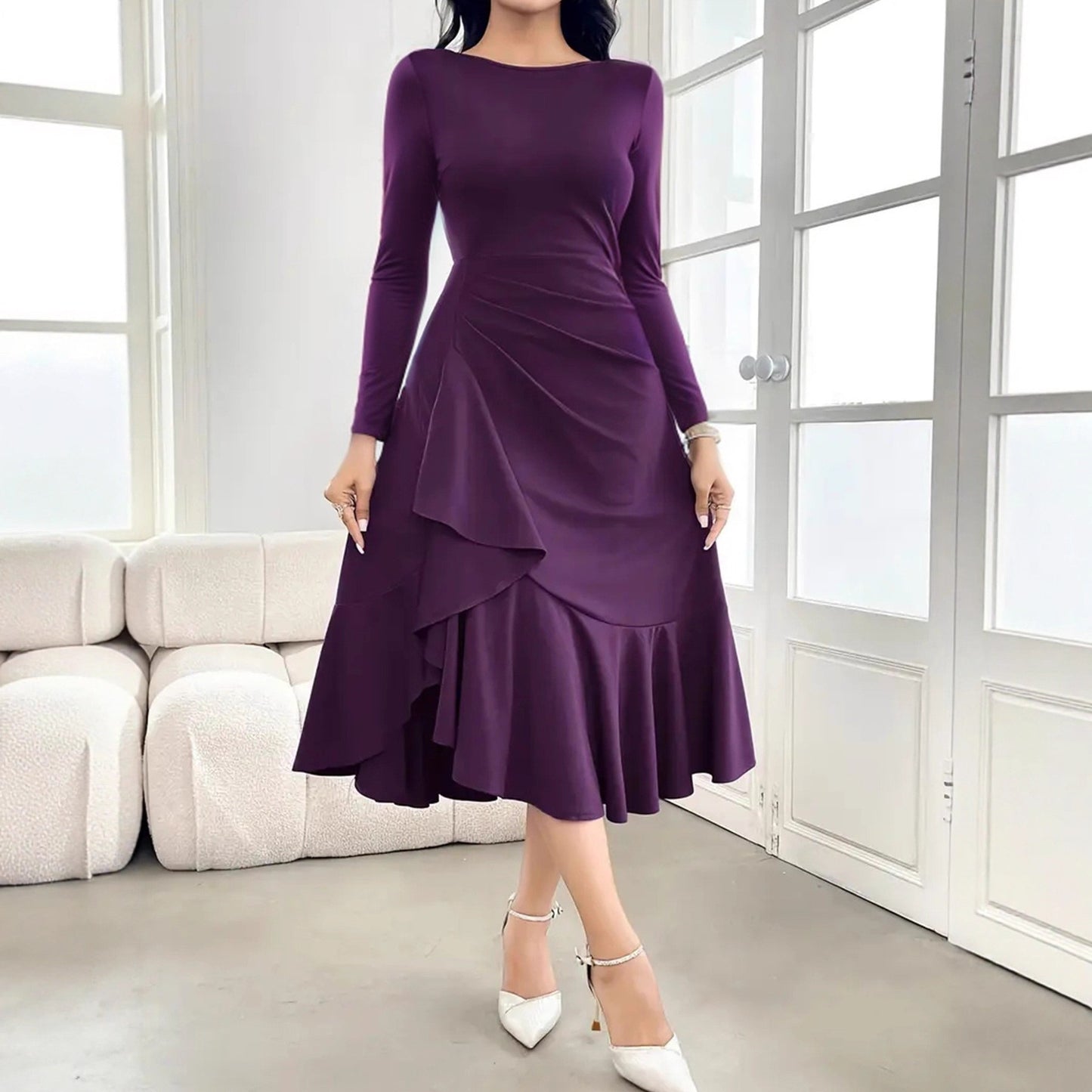 Lila Rüschenkleid mit langen Ärmeln, S–XXL