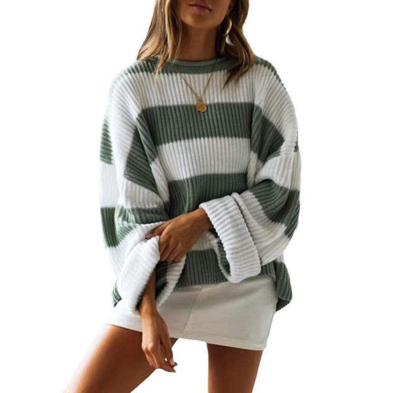 Damenpullover mit Streifen und gehäkelten Blumen – Lockere Passform, S–XL