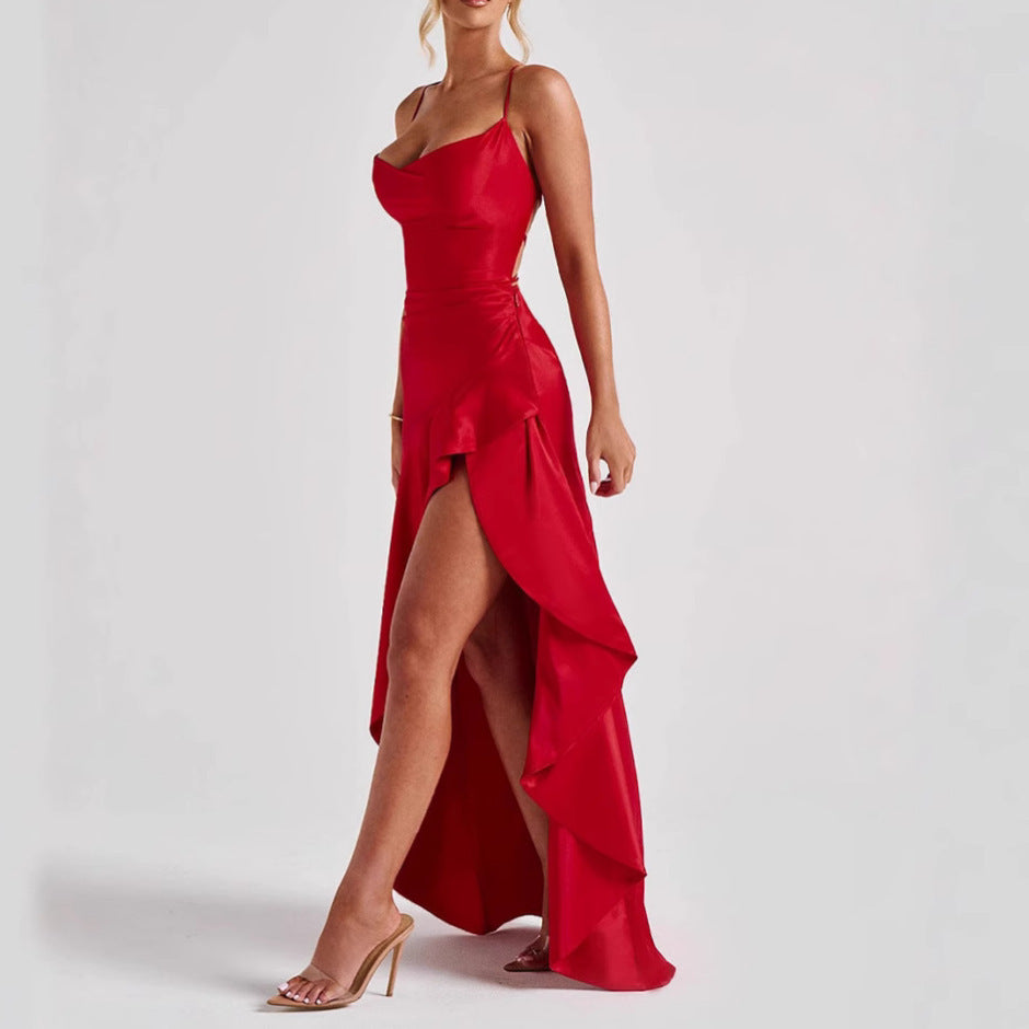 Damen rückenfreies Rüschenkleid mit asymmetrischem Saum, Sommermode, Abendkleid, Partykleid, Clubkleid, Maxikleid mit Trägern und Schlitz