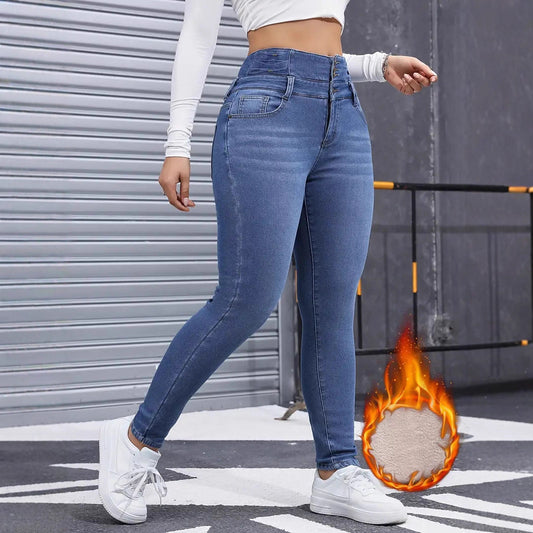 Damen-Jeans mit Fleece-Einsatz und mehreren Knöpfen