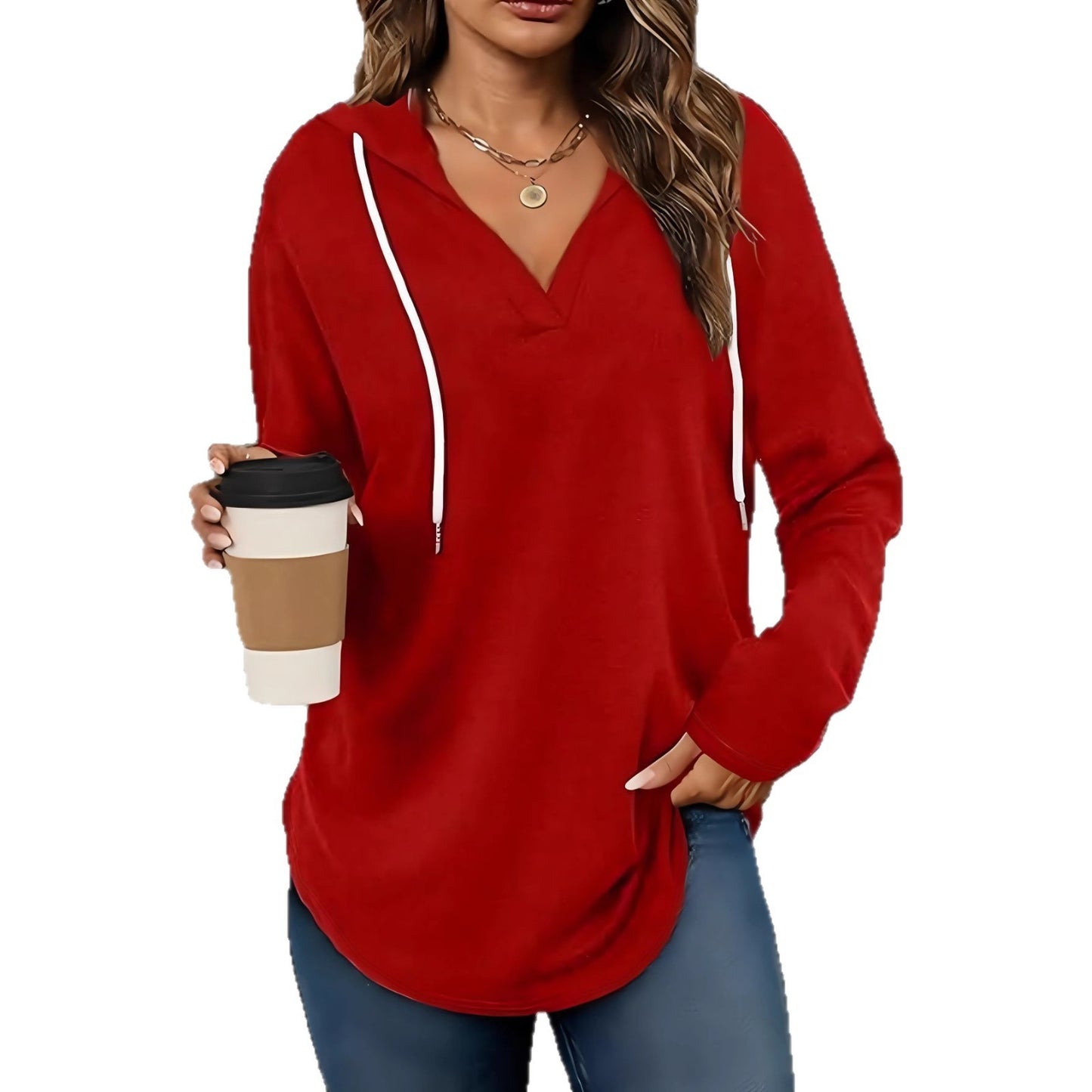 Herbstneues Damen-Sweatshirt mit V-Ausschnitt, Kapuze und langen Ärmeln