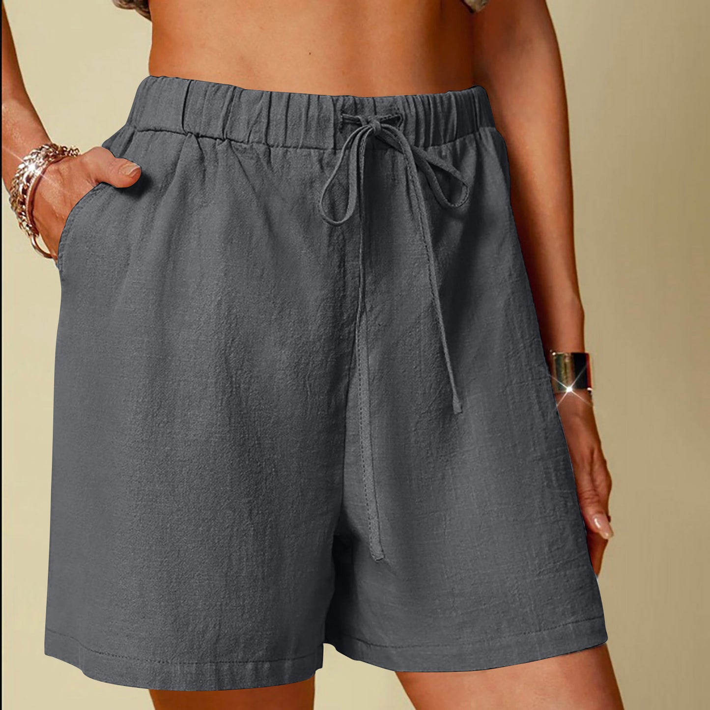 Damen-Shorts aus Baumwoll-Leinen-Mischgewebe, einfarbig, bequem, weites Bein