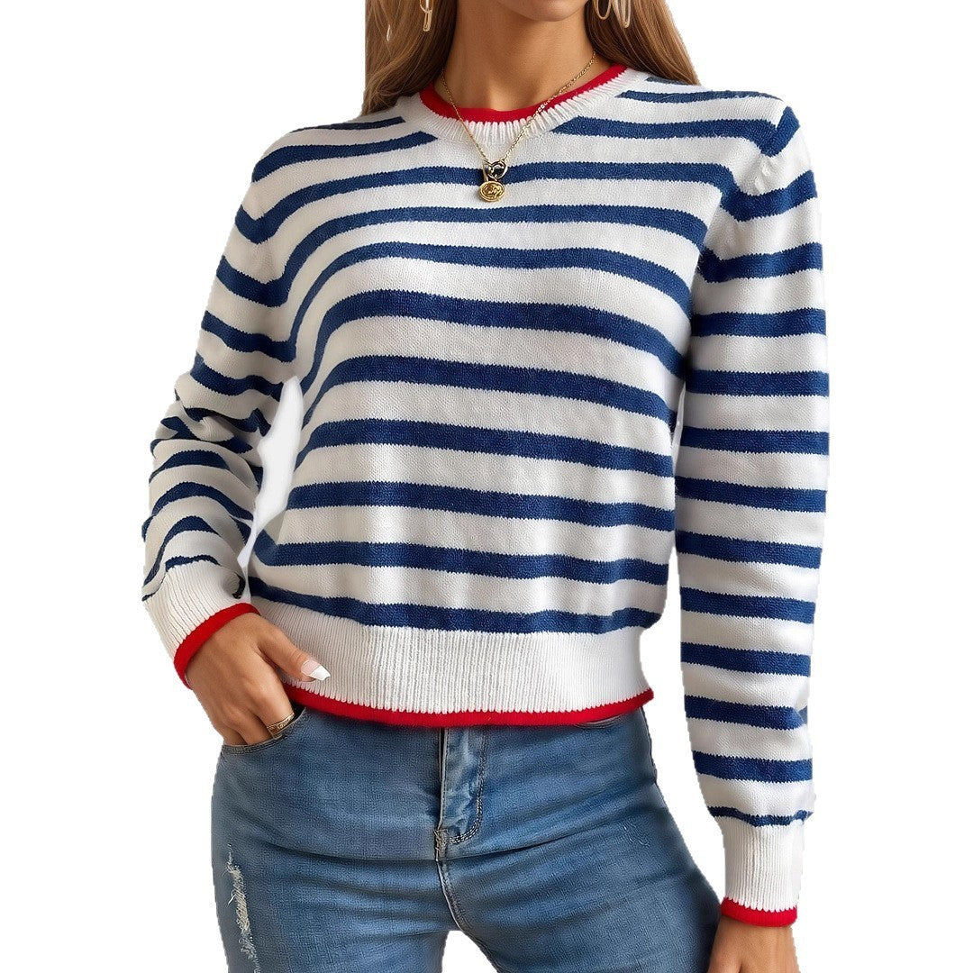 Damenpullover in Saphirblau mit Kontraststreifen – Lockerer British-Style-Sweater