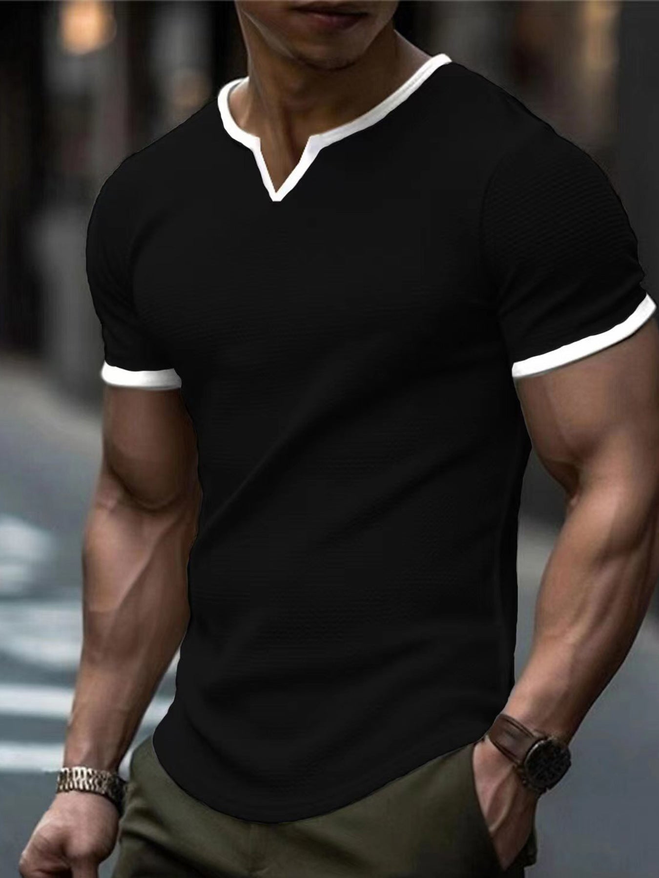 Farbblock-T-Shirt mit V-Ausschnitt für Outdoor-Sportarten und Waffelstruktur