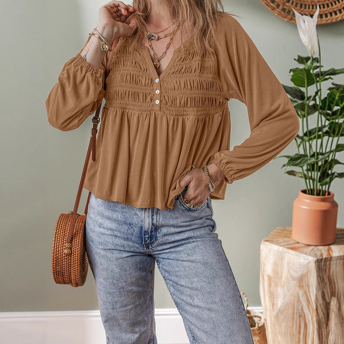 Damen Rüschenshirt aus Viskose in Braun & Beige, S–XL