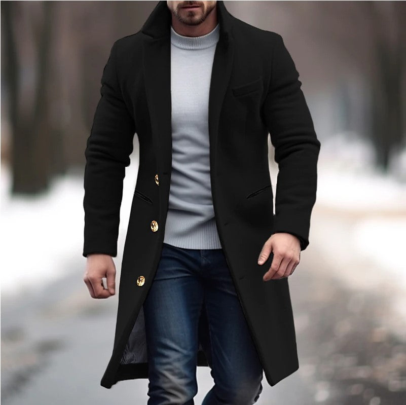 Winterlicher Trenchcoat mit Reverskragen, modischer Tasche, einreihiger Mantel, lässige Herrenbekleidung in Unifarben