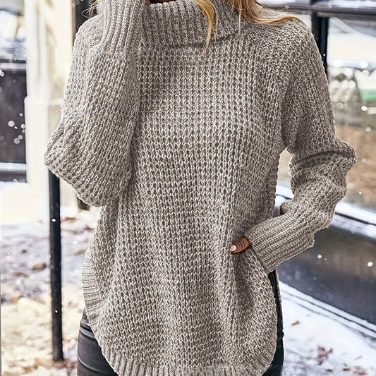 Modischer Pullover mit hohem Reverskragen und Schlitz, langärmlig