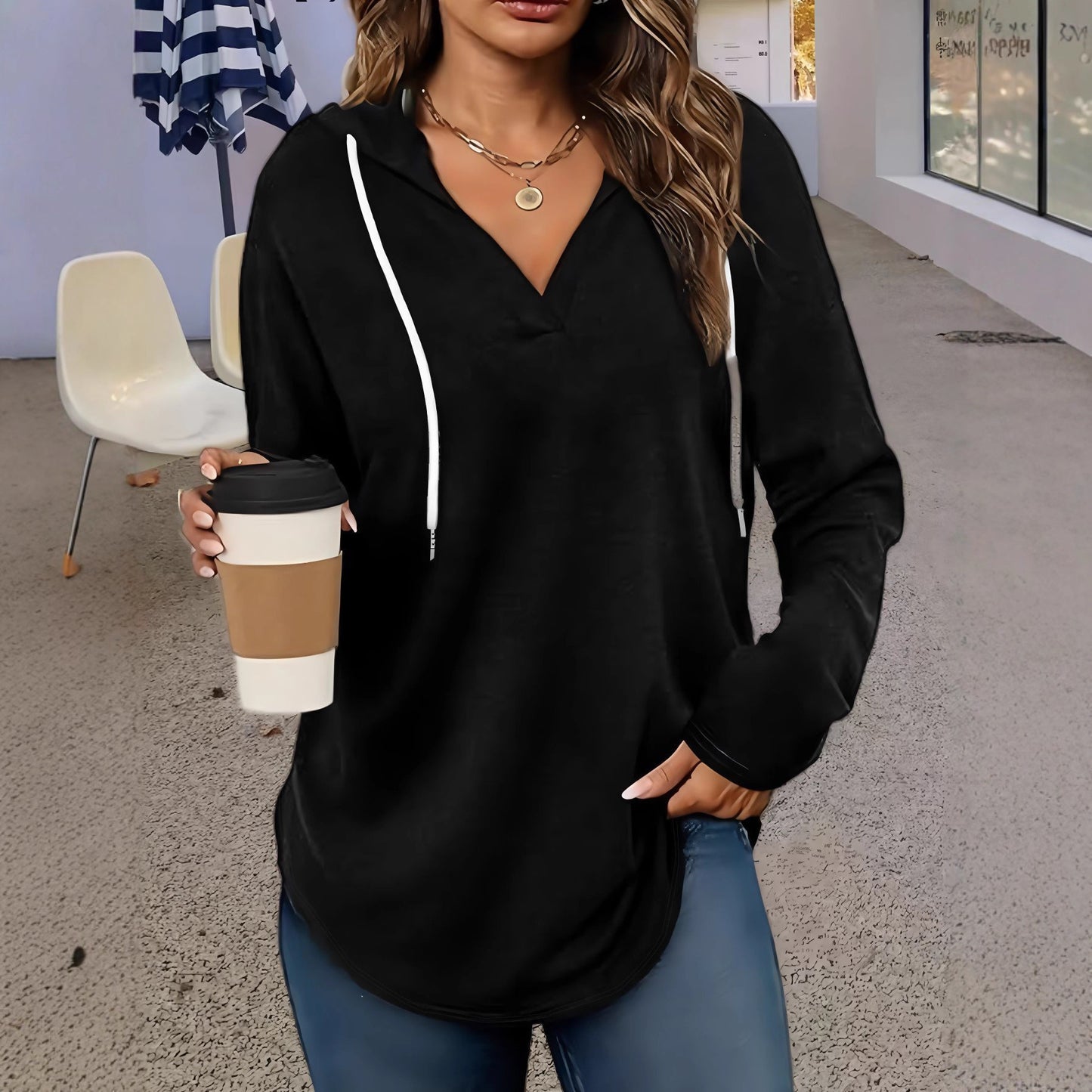 Herbstneues Damen-Sweatshirt mit V-Ausschnitt, Kapuze und langen Ärmeln