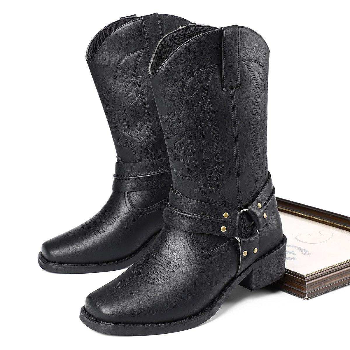 Herren Retro-Lederstiefel mit hohem Absatz (6–8 cm) und Square Toe, Schwarz/Braun, Größe 39–48