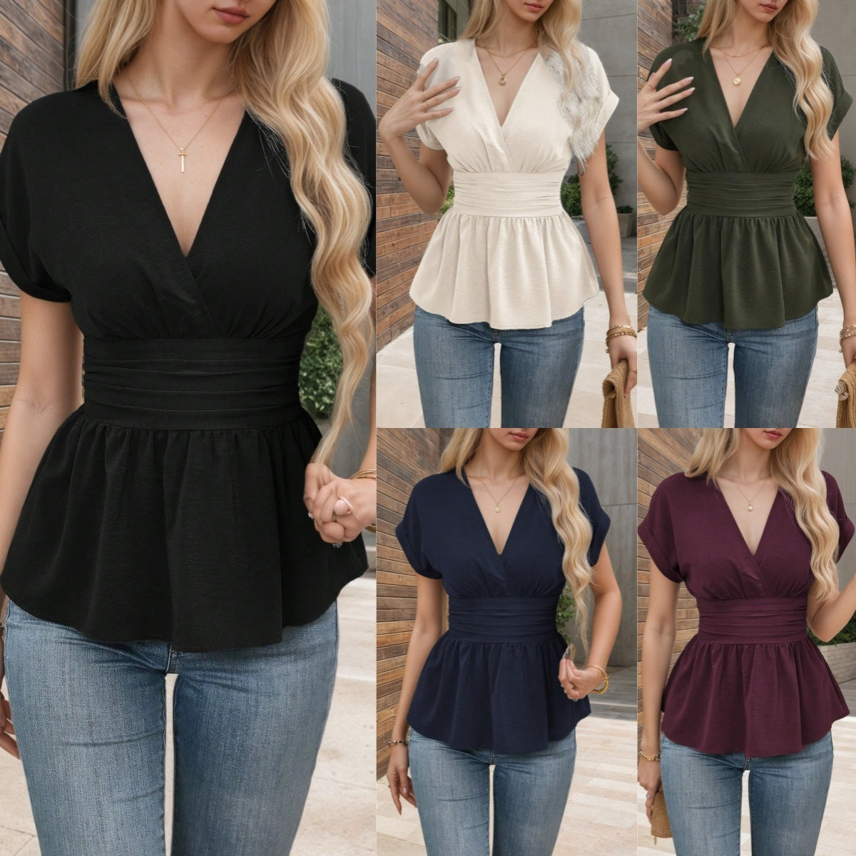 Sommerliches, einfarbiges, eng anliegendes Shirt mit V-Ausschnitt, Falten in der Taille