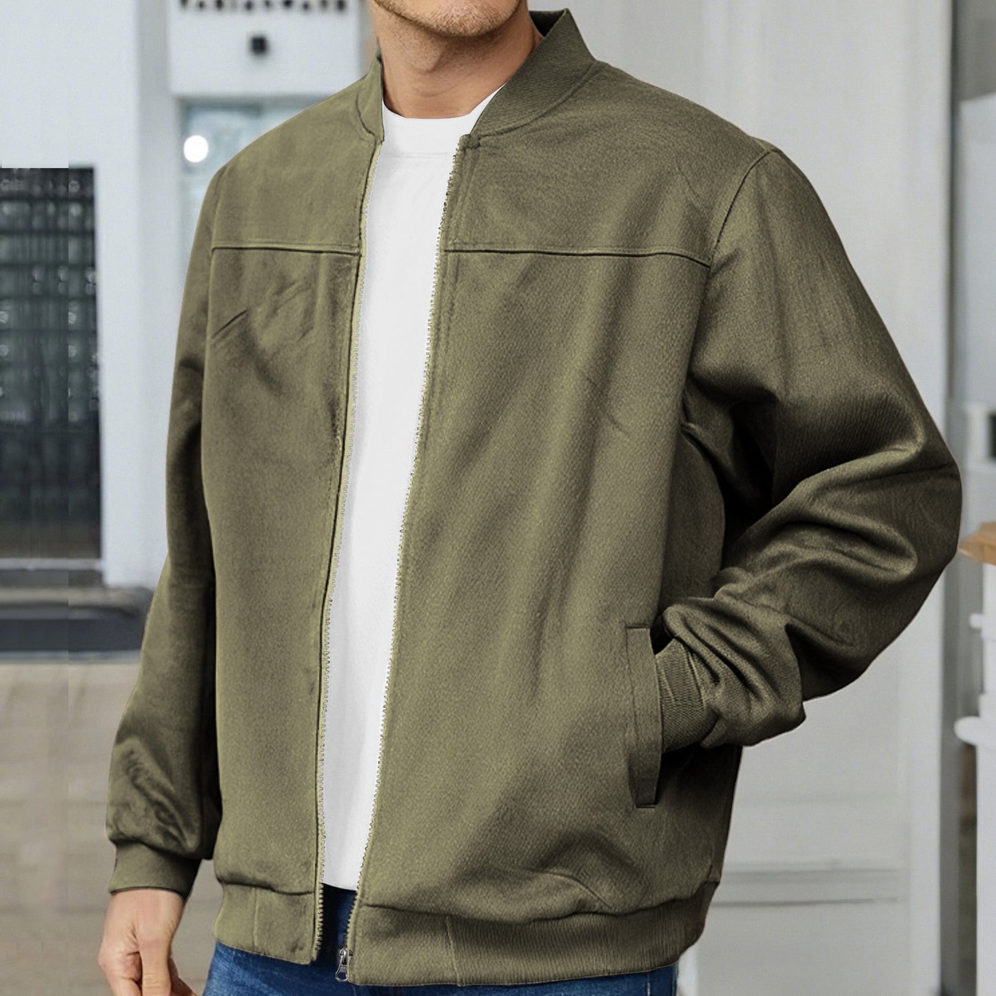 Herren-Wildlederjacke, lässiger Cardigan mit Reißverschluss, Oberbekleidung