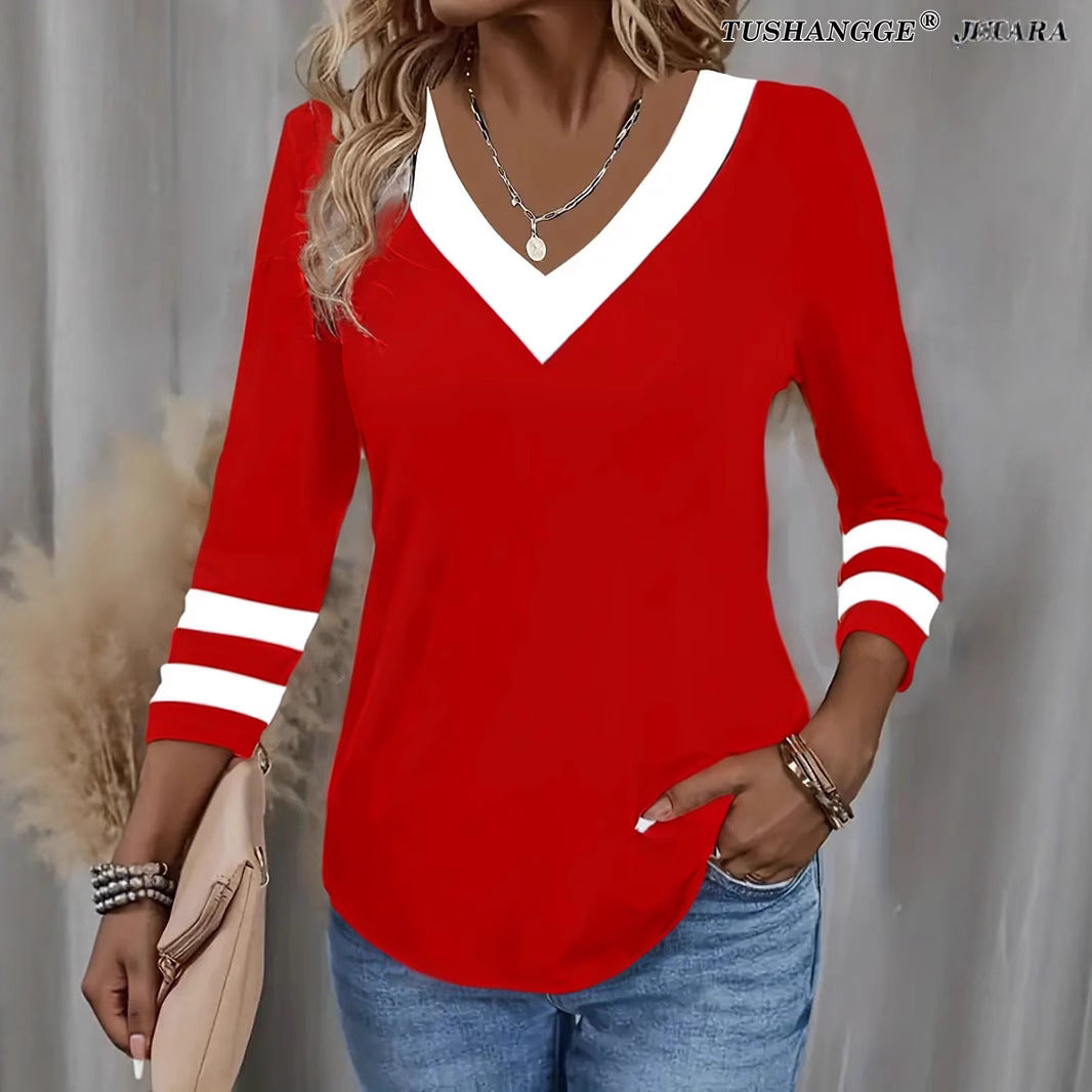 Women's Color Matching Long-sleeved V-neck T-shirt