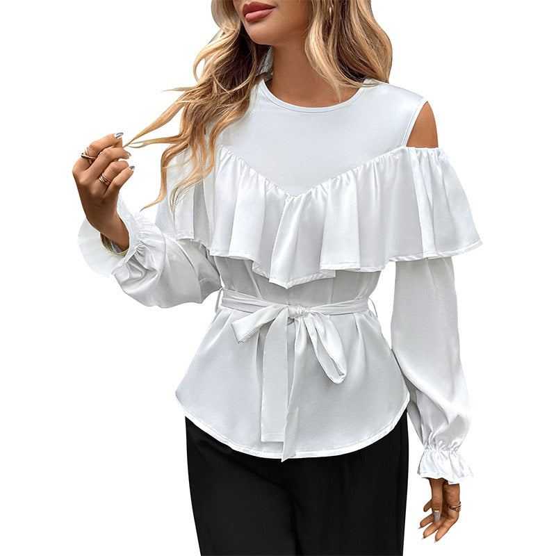 Damen Langarmshirt mit Rüschen, schulterfrei, Schnürung und Rundhalsausschnitt