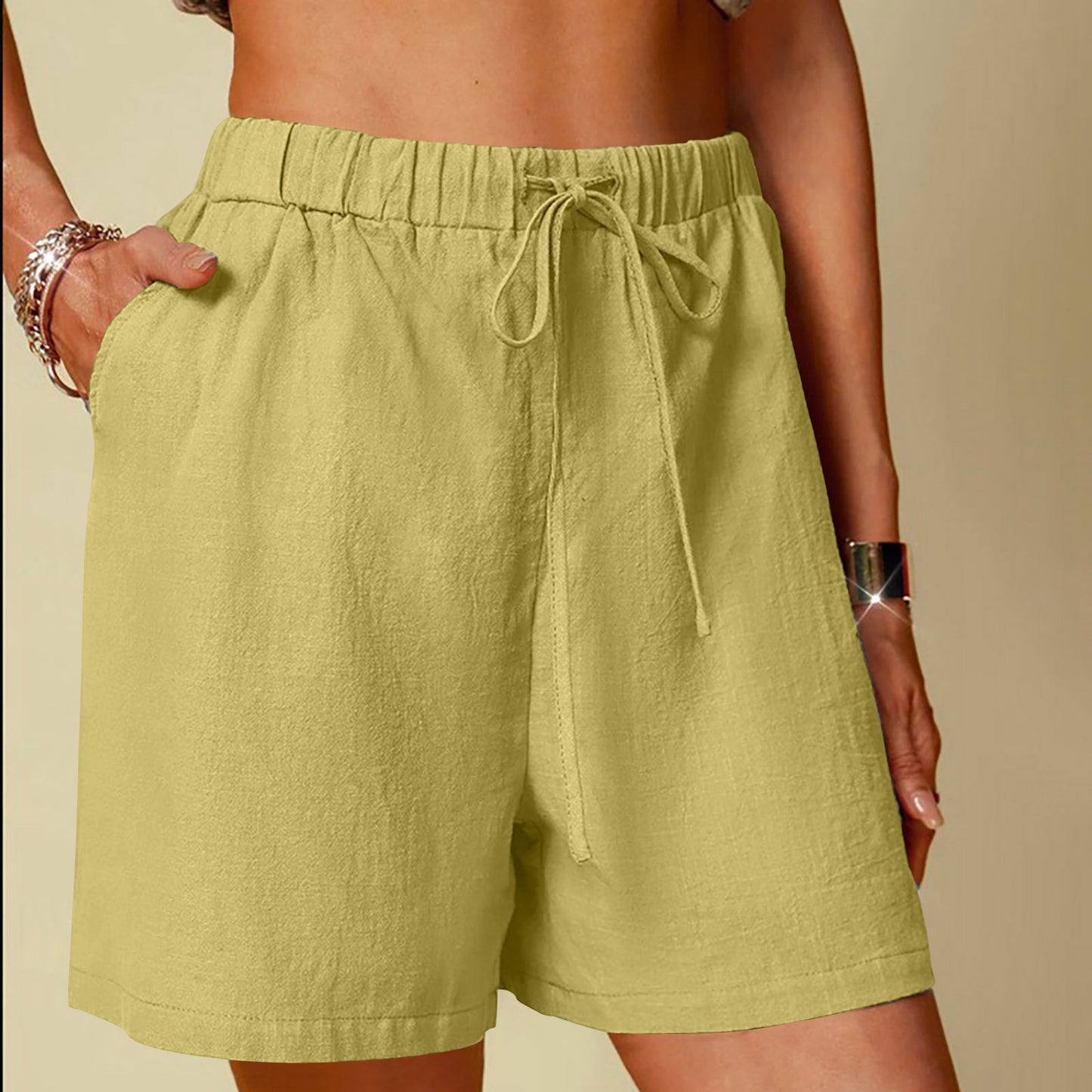 Damen-Shorts aus Baumwoll-Leinen-Mischgewebe, einfarbig, bequem, weites Bein