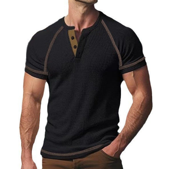 Herren-Freizeitshirt mit Rundhalsausschnitt, schwerem Waffelstrick, Kurzarm, Henry-Stil
