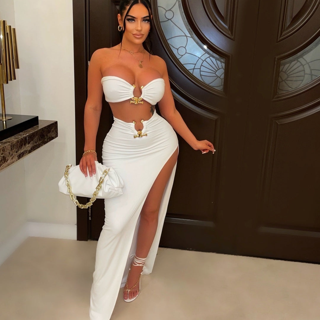 Damen Zweiteiler im Street-Style – gestricktes Top & langer Rock mit 3D-Deko, S–XXL