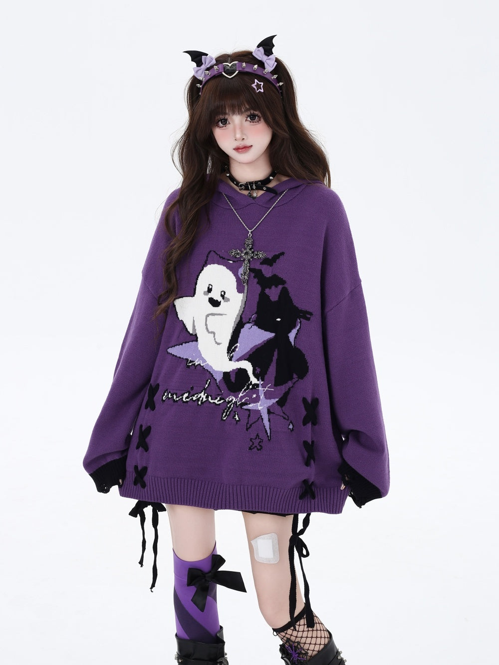 Halloween-Pullover mit kleinem Geist, Schnürung, locker geschnitten