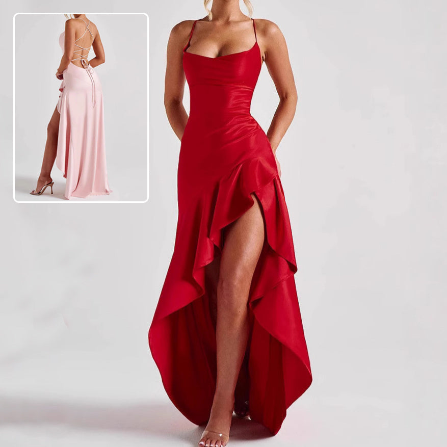 Damen rückenfreies Rüschenkleid mit asymmetrischem Saum, Sommermode, Abendkleid, Partykleid, Clubkleid, Maxikleid mit Trägern und Schlitz