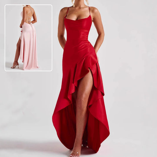 Damen rückenfreies Rüschenkleid mit asymmetrischem Saum, Sommermode, Abendkleid, Partykleid, Clubkleid, Maxikleid mit Trägern und Schlitz