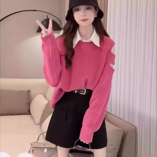 Schulterfreier Strickpullover im Socialite-Stil – Einheitsgröße