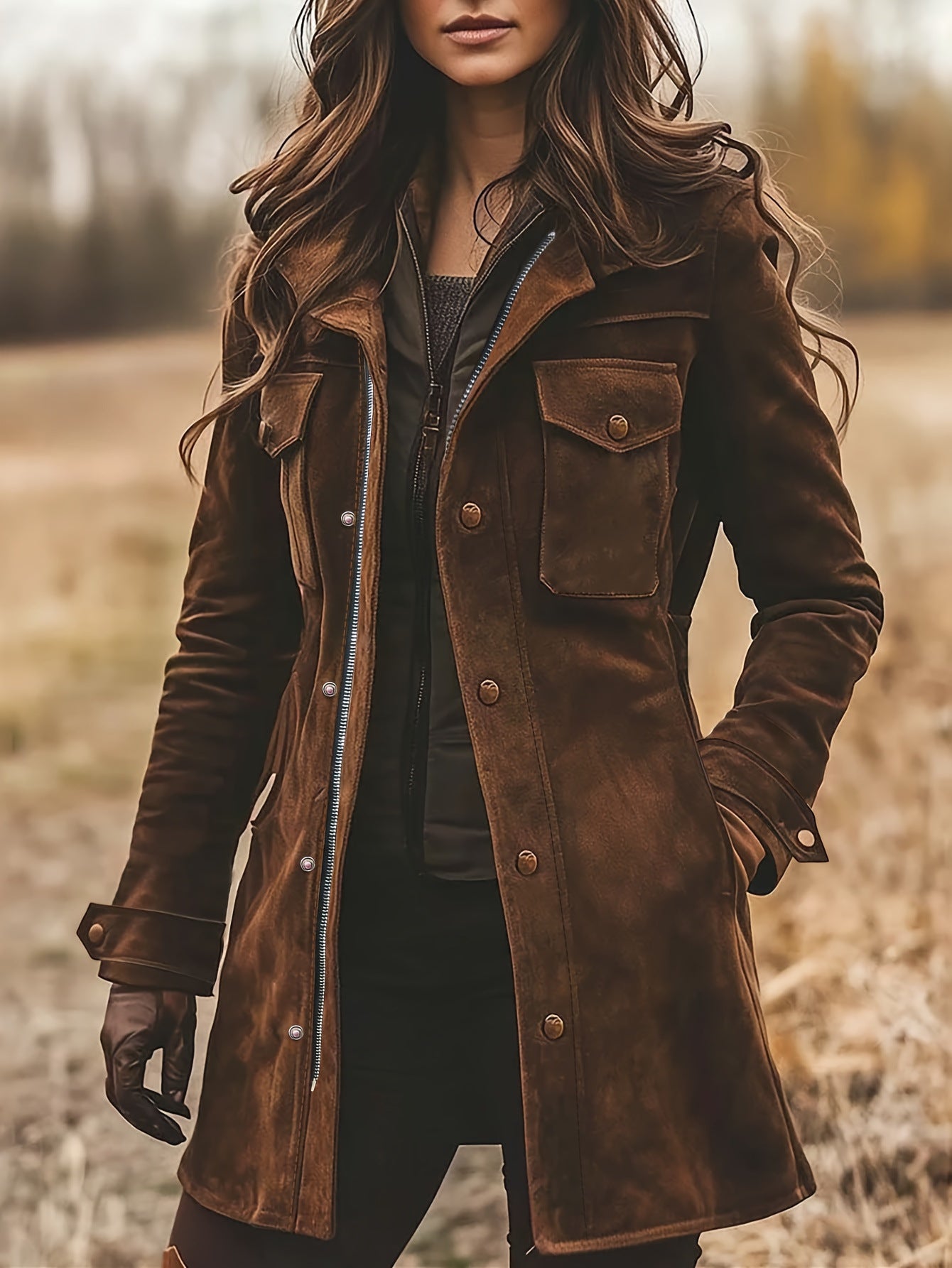 Damen-Freizeitjacke aus braunem Wildleder mit Retro-Revers