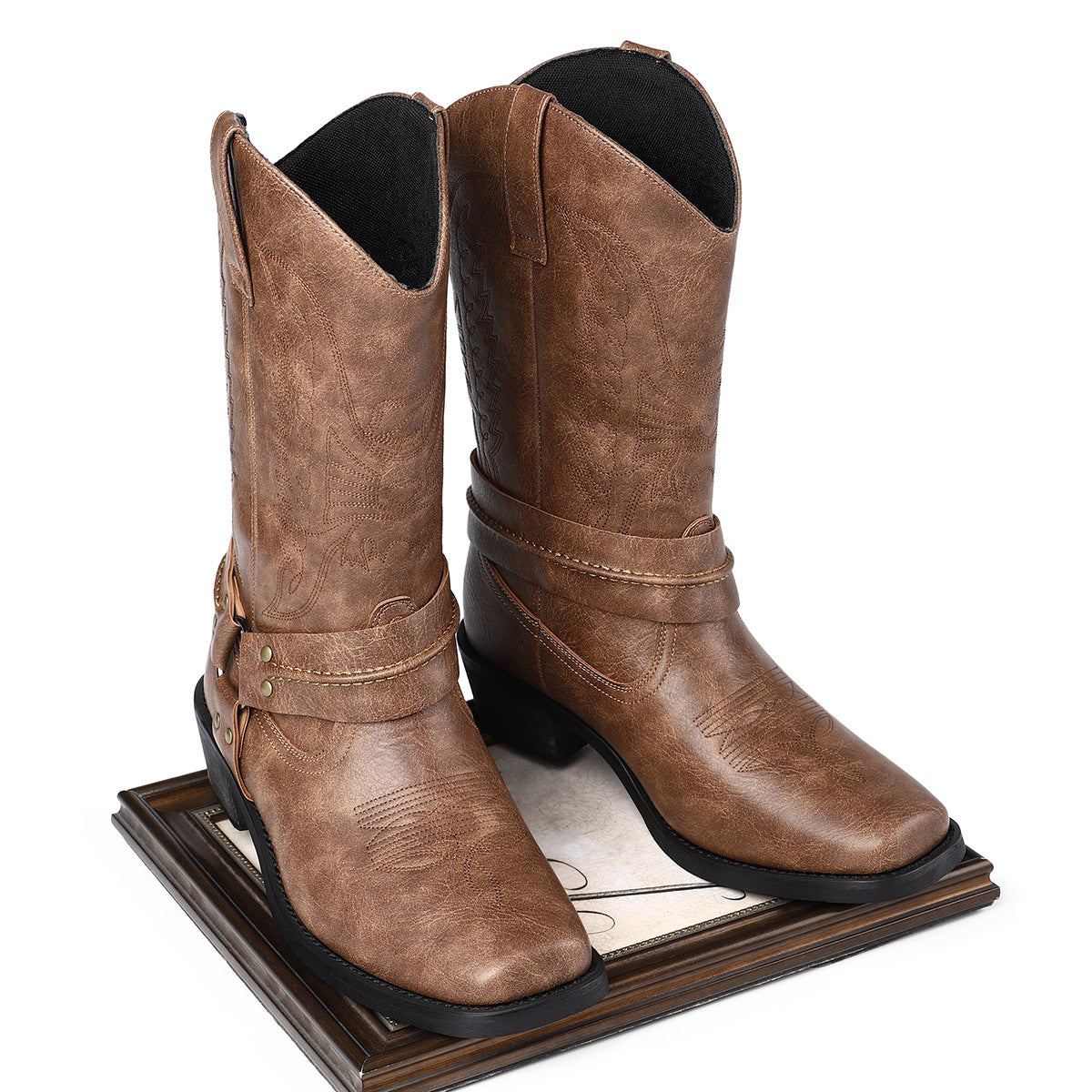 Herren Retro-Lederstiefel mit hohem Absatz (6–8 cm) und Square Toe, Schwarz/Braun, Größe 39–48