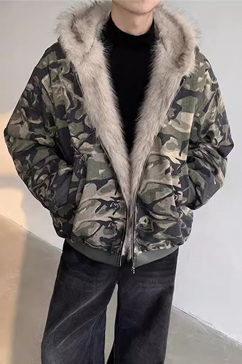 Herren Fellkragen-Parka – Camouflage & dick gefüttert