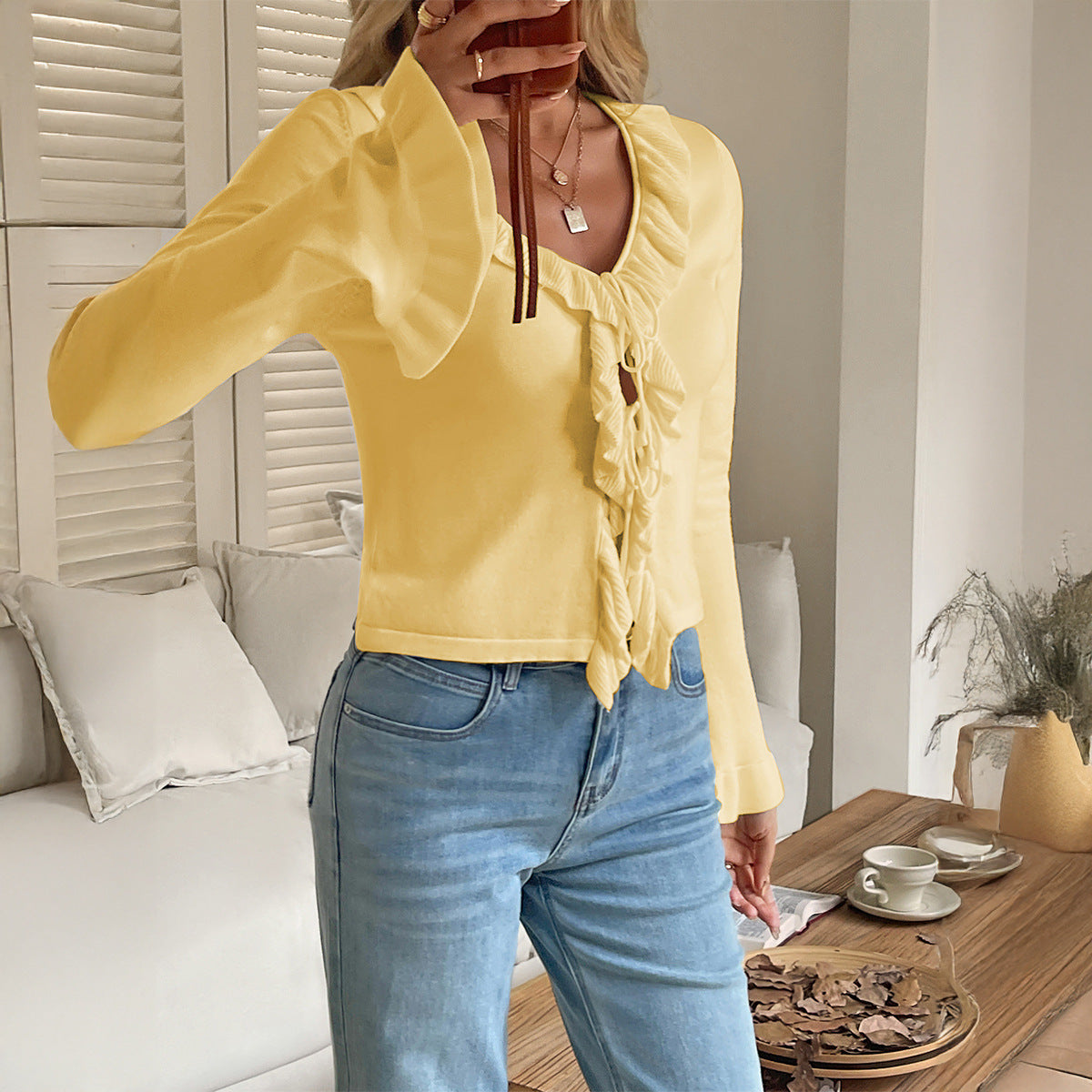 Damen-Langarmpullover mit Bindebändern