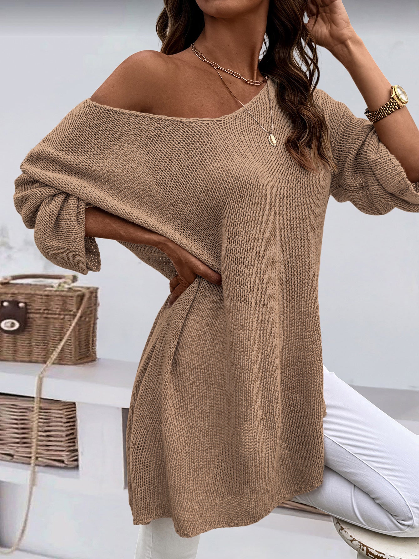 Modischer V-Ausschnitt-Pullover in Übergröße für Damen, Strickpullover