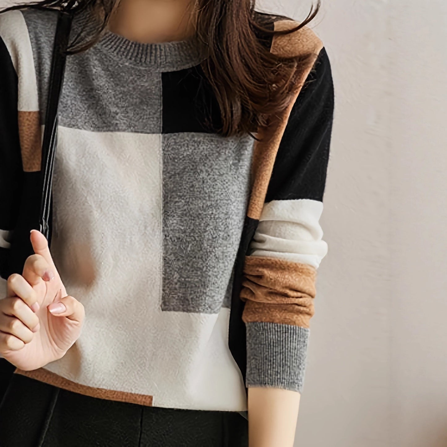 Farbkontrastierter, weicher, anschmiegsamer, langärmeliger, lockerer, figurformender Strickpullover für Damen